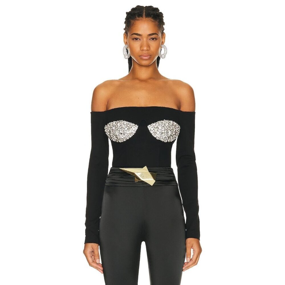 AREA Off Shoulder Crystal Cup Bustier Top in Black Small New Womens Sweetheart